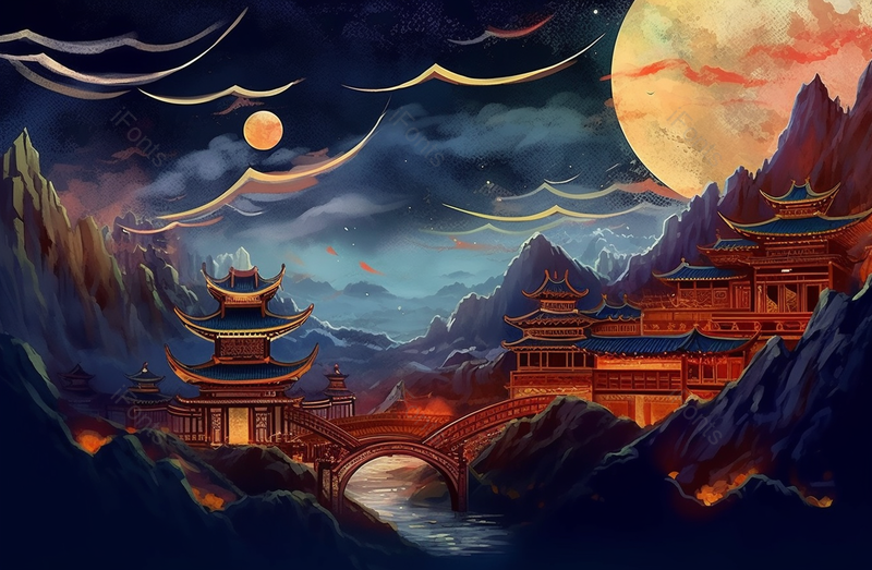 满月蓝色星空夜晚山川古代建筑拱桥斗拱城市国风写意插画,插画/手绘图,插画/手绘图库,插画/手绘图下载,插画/手绘